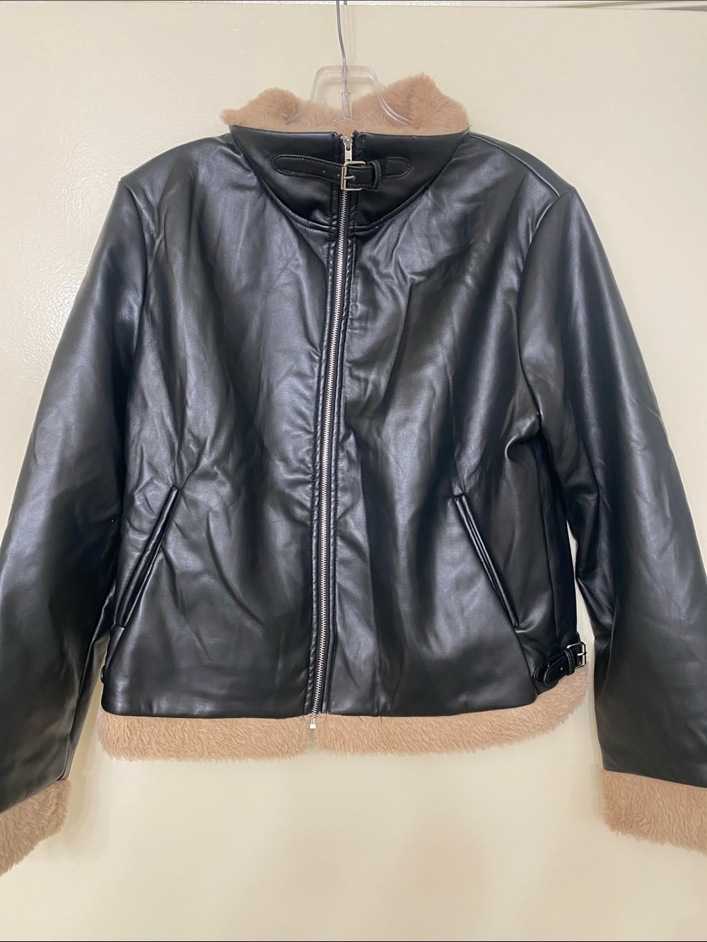 Faux Leather Black Moto Jacket with Tan Sherpa Trim - Picture 2 of 4